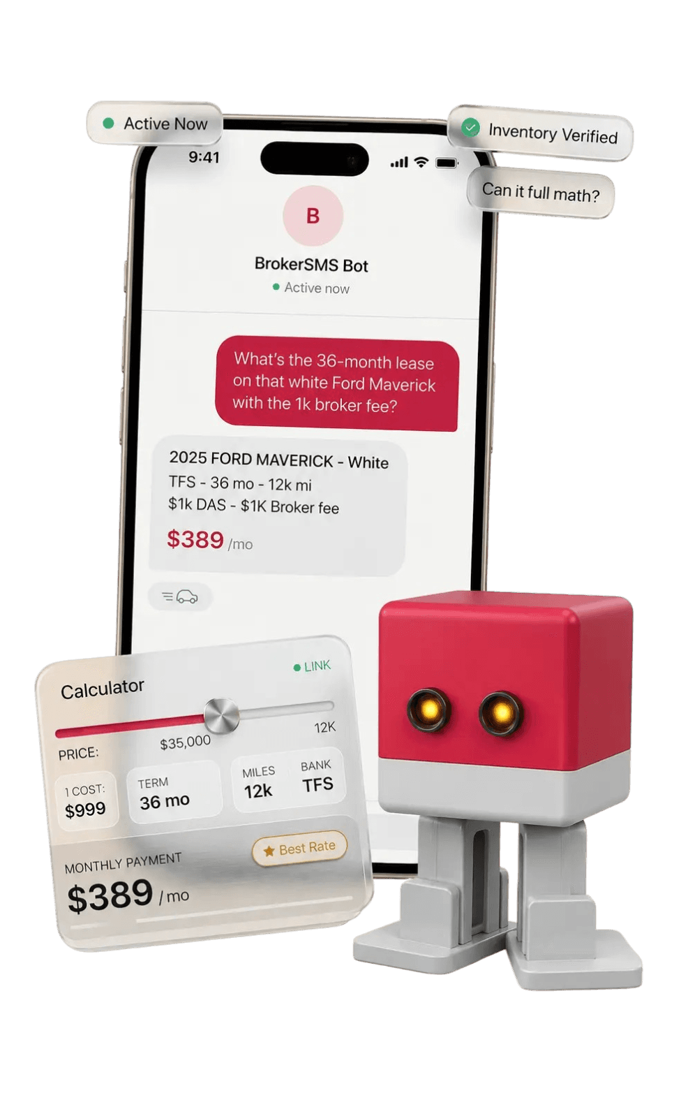 BrokerSMS in action — phone with AI quote, glass calculator card, and the bot mascot